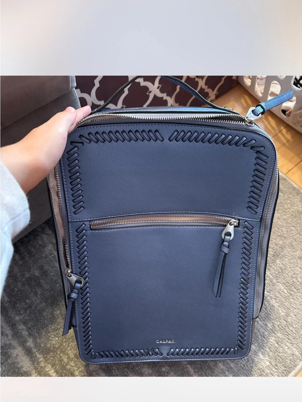 Calpak Navy Blue Leather Travel Backpack